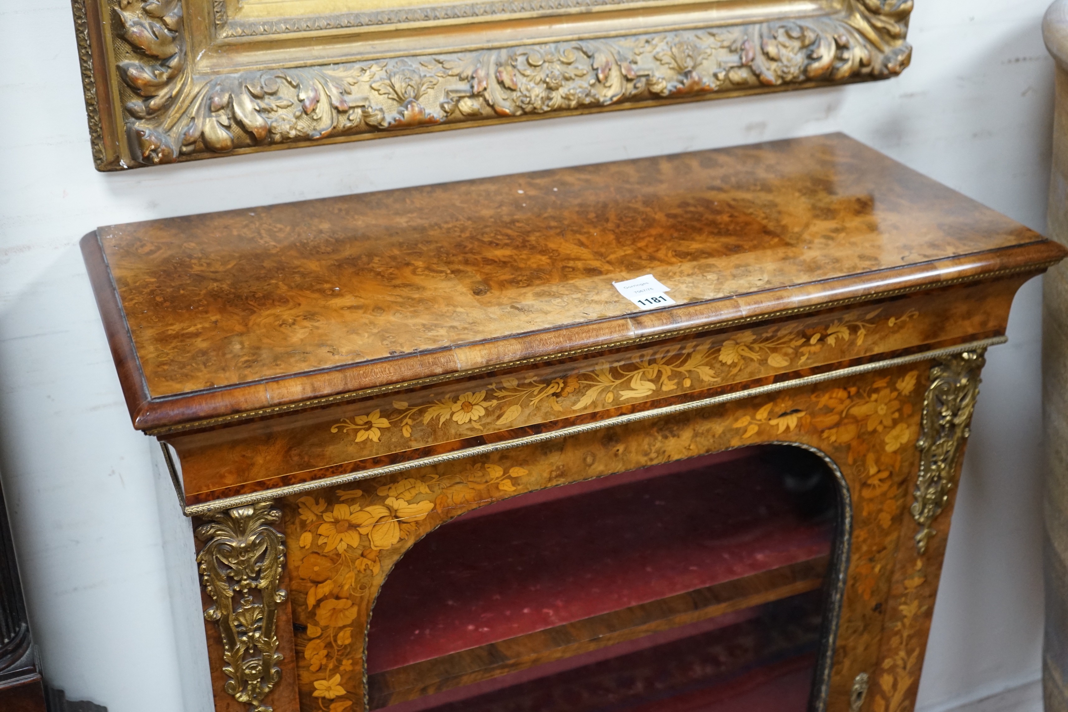 A Victorian burr walnut and floral marquetry inlaid gilt metal mounted pier cabinet, width 82cm, depth 34cm, height 105cm